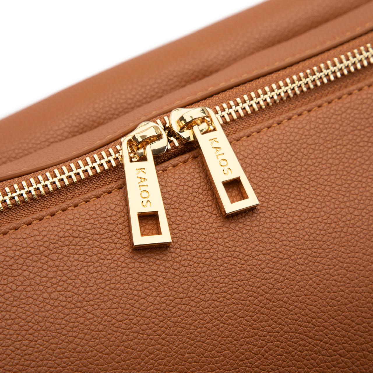Kalos Luxe rosey brown baby bag featuring gold zipper accents, spacious interior, and stylish design