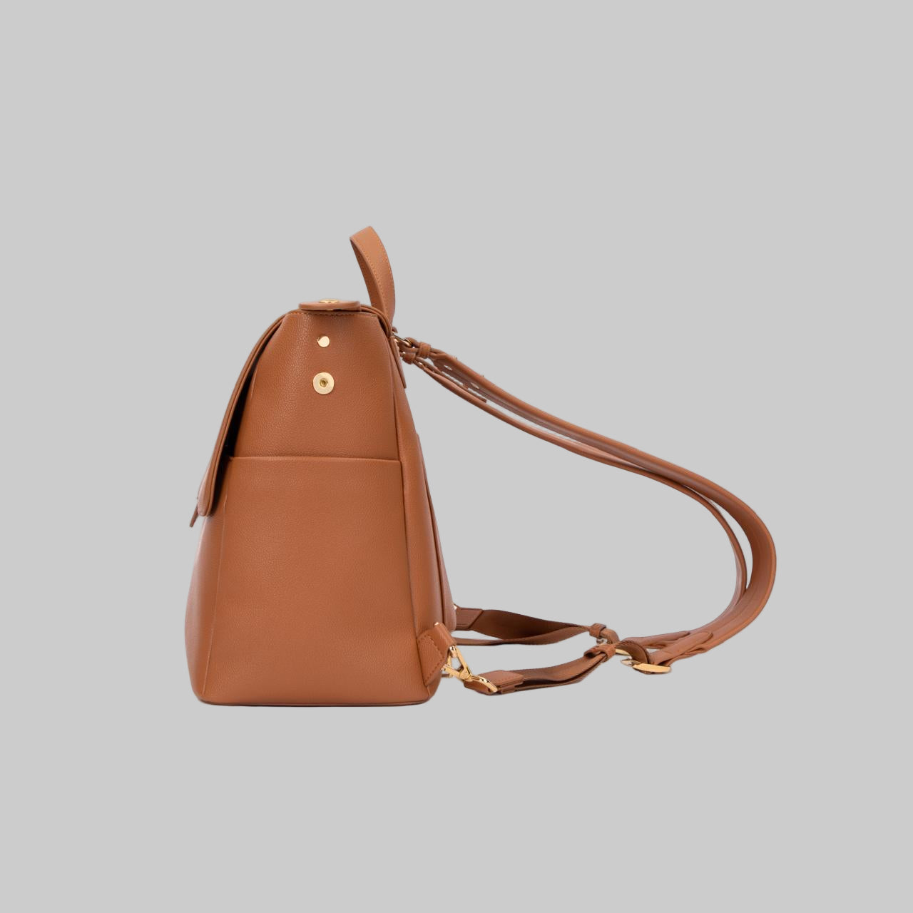 Rosey brown Kalos Luxe mommy backpack side view with dual side pockets for bottles or essentials.