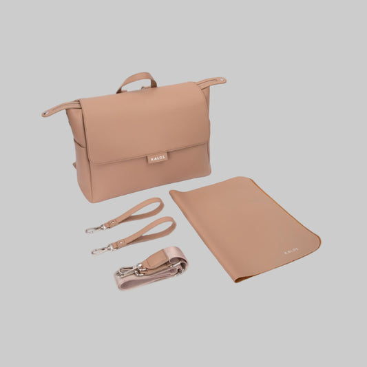 Rosey Taupe baby diaper bag with changing mat and stroller strap by KalosLuxe – stylish and functional baby bag for on-the-go parents