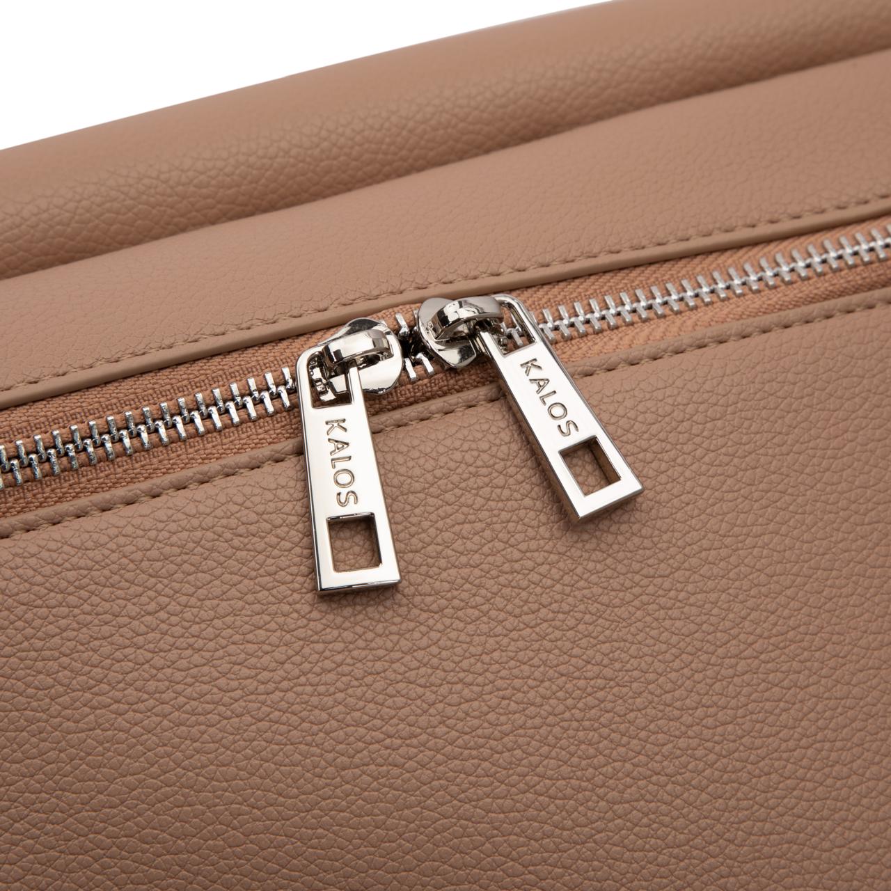 Kalos Luxe rosey taupe baby bag featuring silver zipper accents, spacious interior, and stylish design