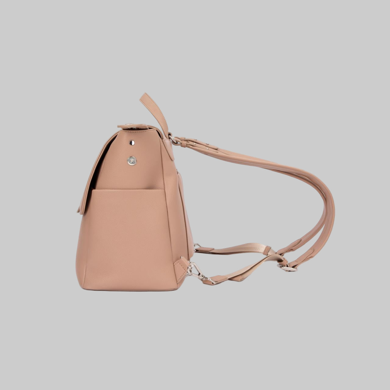 Rosey taupe Kalos Luxe mommy backpack side view with dual side pockets for bottles or essentials.