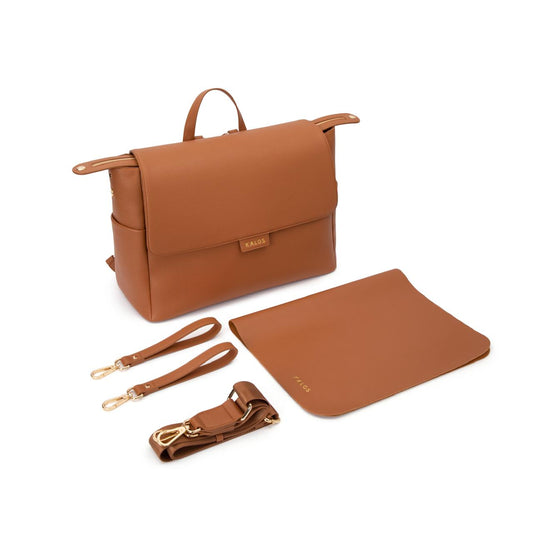 Rosey brown baby diaper bag with changing mat and stroller strap by KalosLuxe – stylish and functional baby bag for on-the-go parents