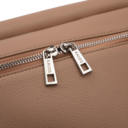 Kalos Luxe rosey taupe baby bag featuring silver zipper accents, spacious interior, and stylish design